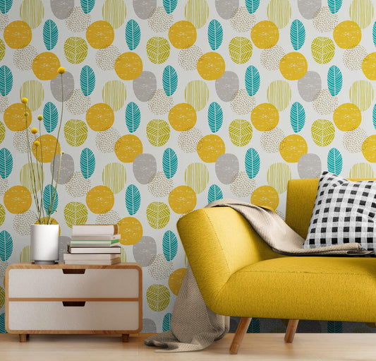 Autumn Leaves Wallpaper. Yellow, Grey, Teal Leaf Wall Mural. #6966