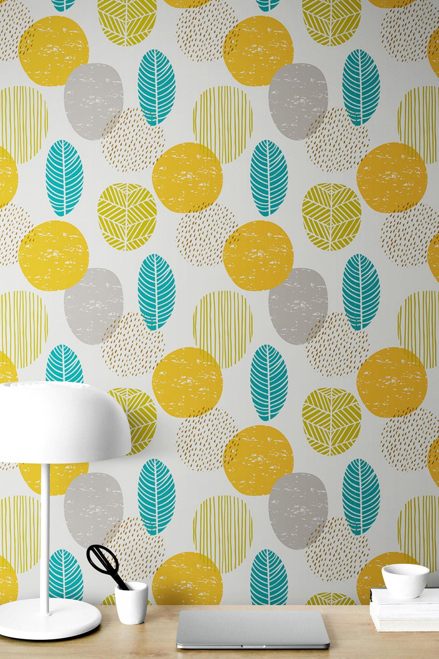 Autumn Leaves Wallpaper. Yellow, Grey, Teal Leaf Wall Mural. #6966