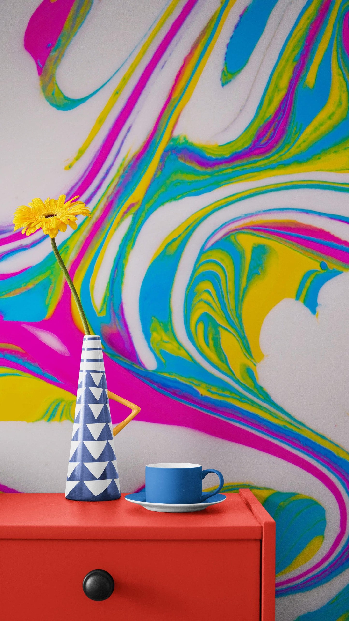 Vibrant Neon Ink Swirl Wallpaper. Abstract Pink, Yellow & Blue Colors. #6980