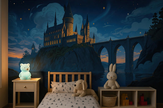 Magical Hogwarts Castle Twilight Wallpaper Mural. Wizardly World Fantasy Theme Wall Art. #6985