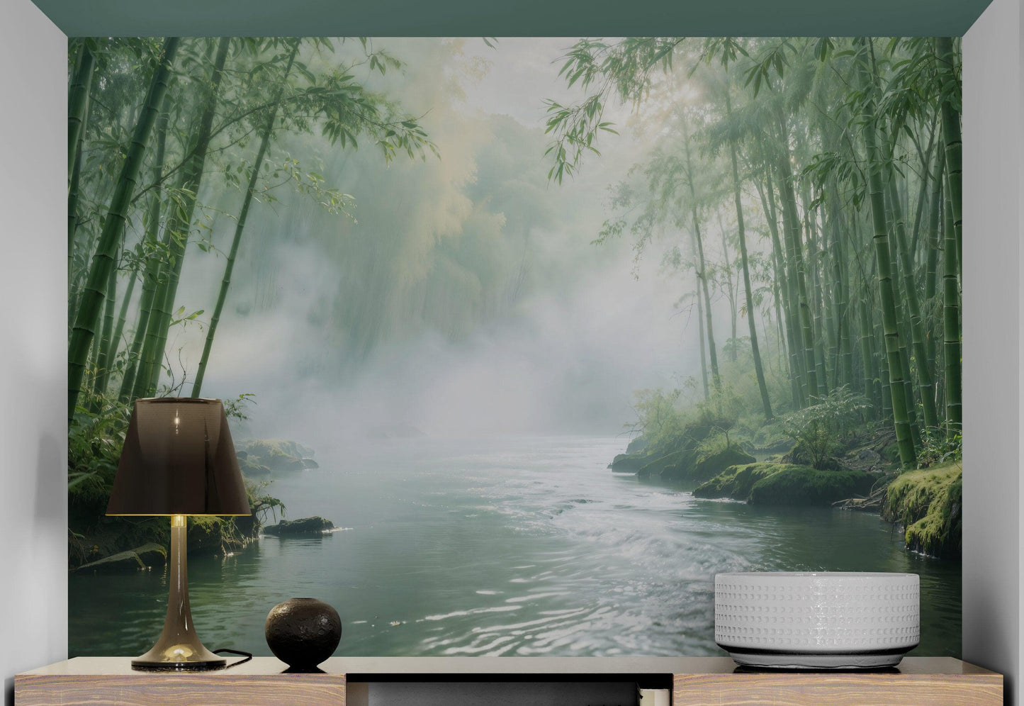 Foggy Bamboo Forest River Wallpaper Mural. #6986
