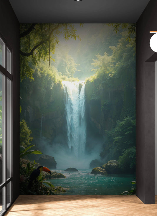 Tropical Rainforest Waterfall Wallpaper Wall Mural. #6987
