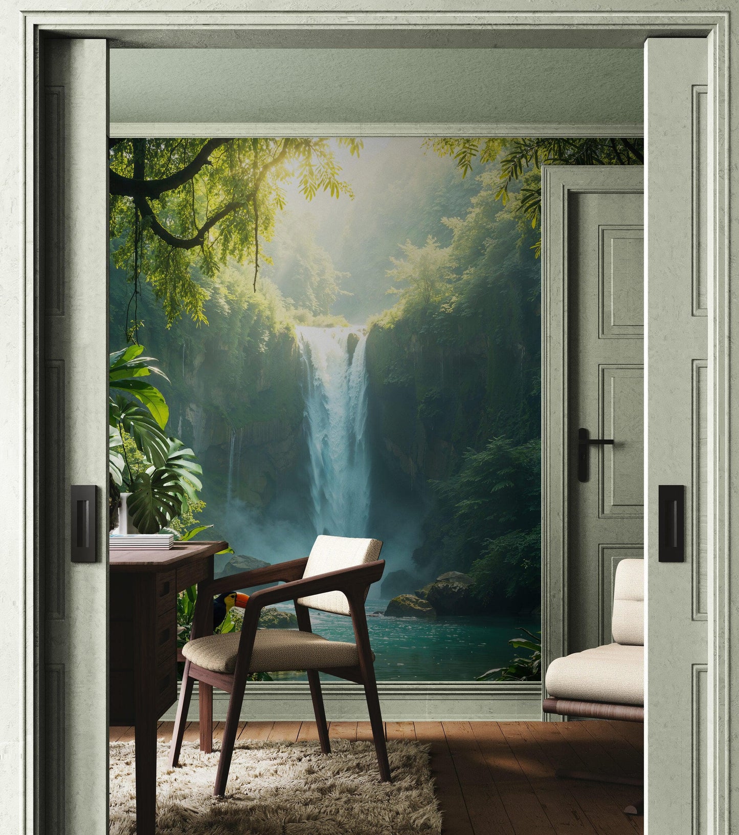 Tropical Rainforest Waterfall Wallpaper Wall Mural. #6987