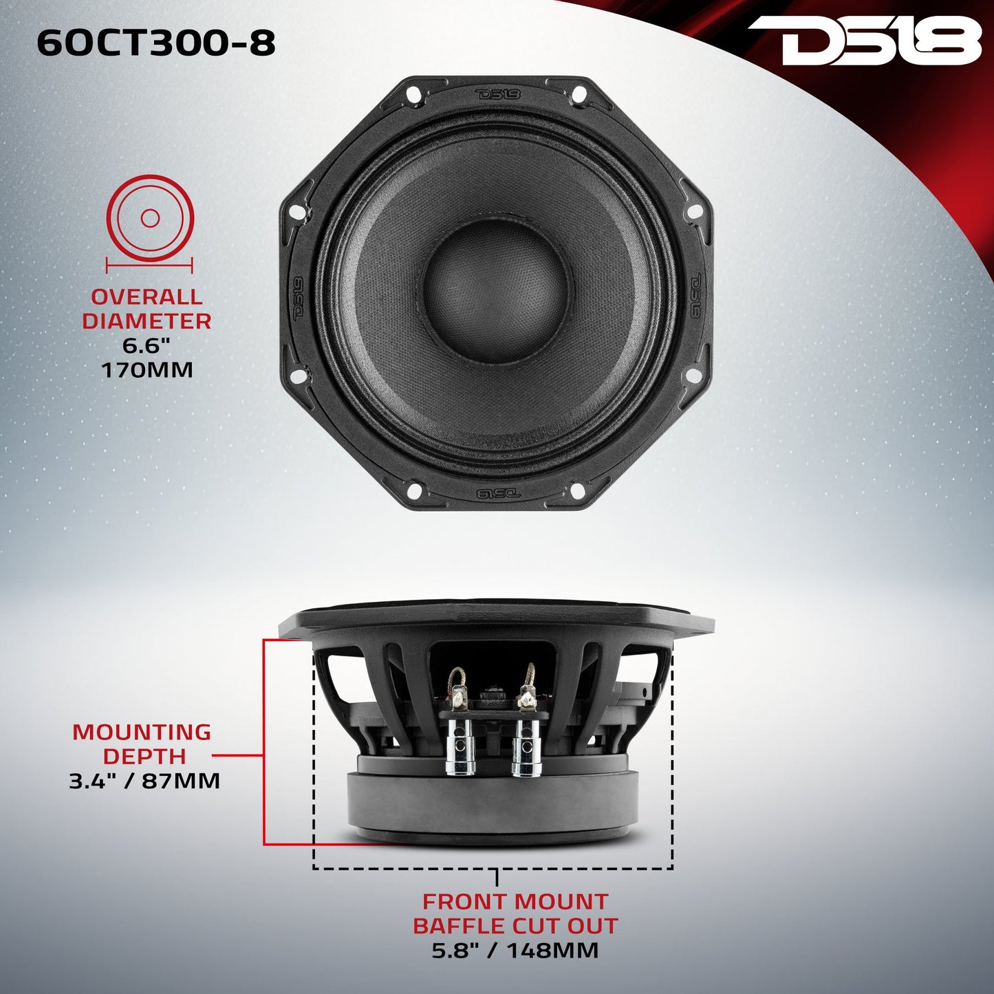 Octagonal 6.5" Mid-Range Loudspeaker 300 Watts Rms 8-Ohm