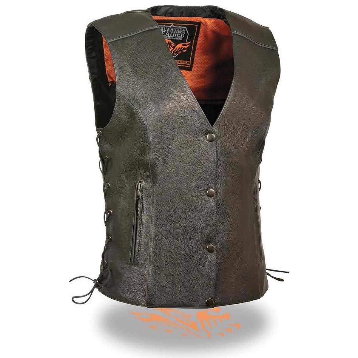 Milwaukee Leather MLL4500 Women's Classic Black Leather V-Neck Motorcycle Rider Vest w/ Side Laces