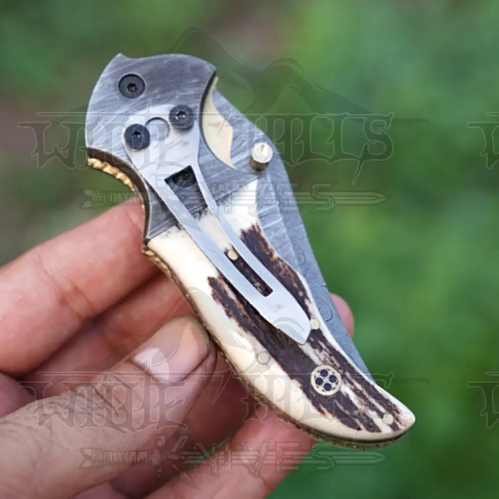 7" Handmade Damascus Pocket Knife with Pocket Clip - Stag Antler Handle - Damascus Bolster WH 3530-CP