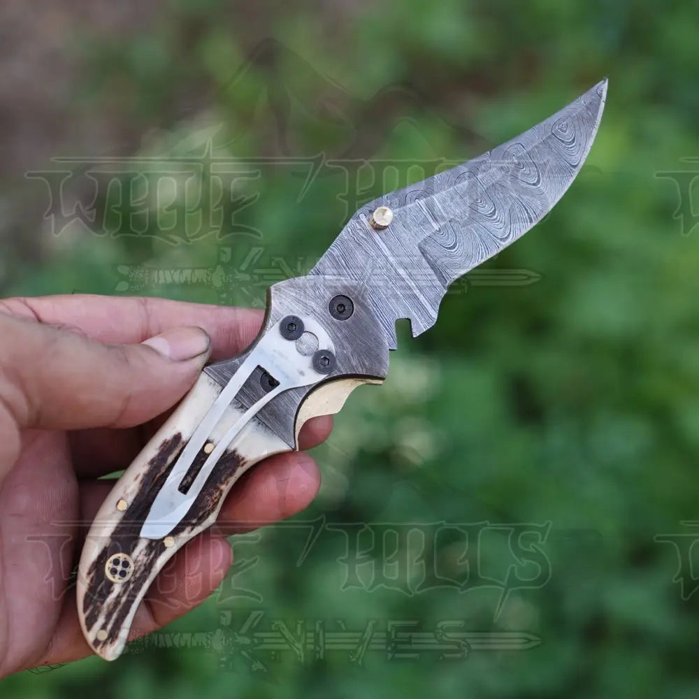 7" Handmade Damascus Pocket Knife with Pocket Clip - Stag Antler Handle - Damascus Bolster WH 3530-CP