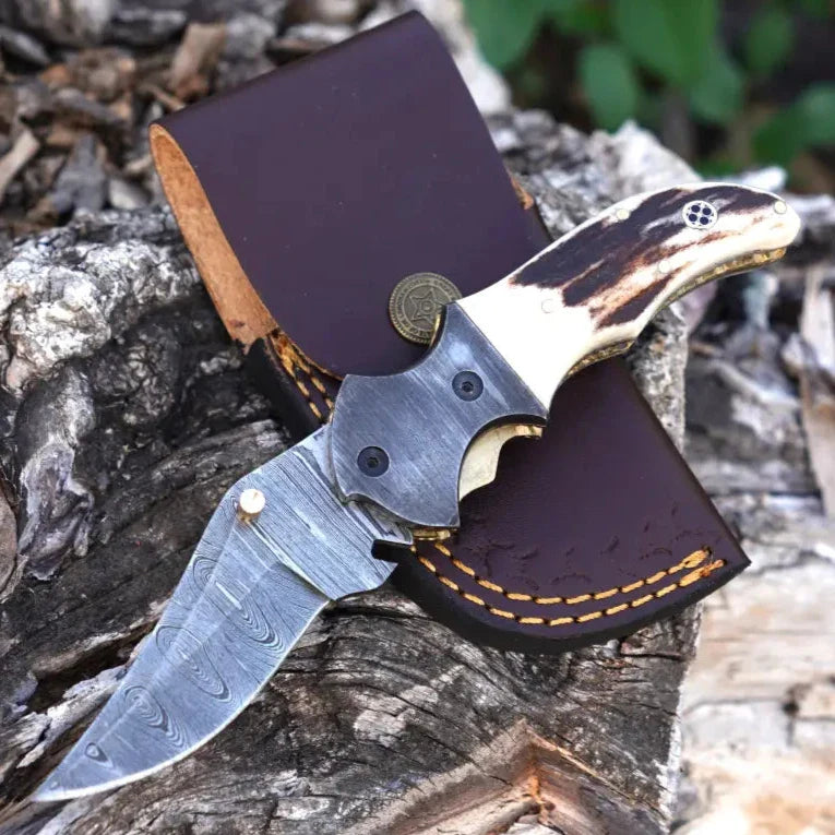 7" Handmade Damascus Pocket Knife with Pocket Clip - Stag Antler Handle - Damascus Bolster WH 3530-CP