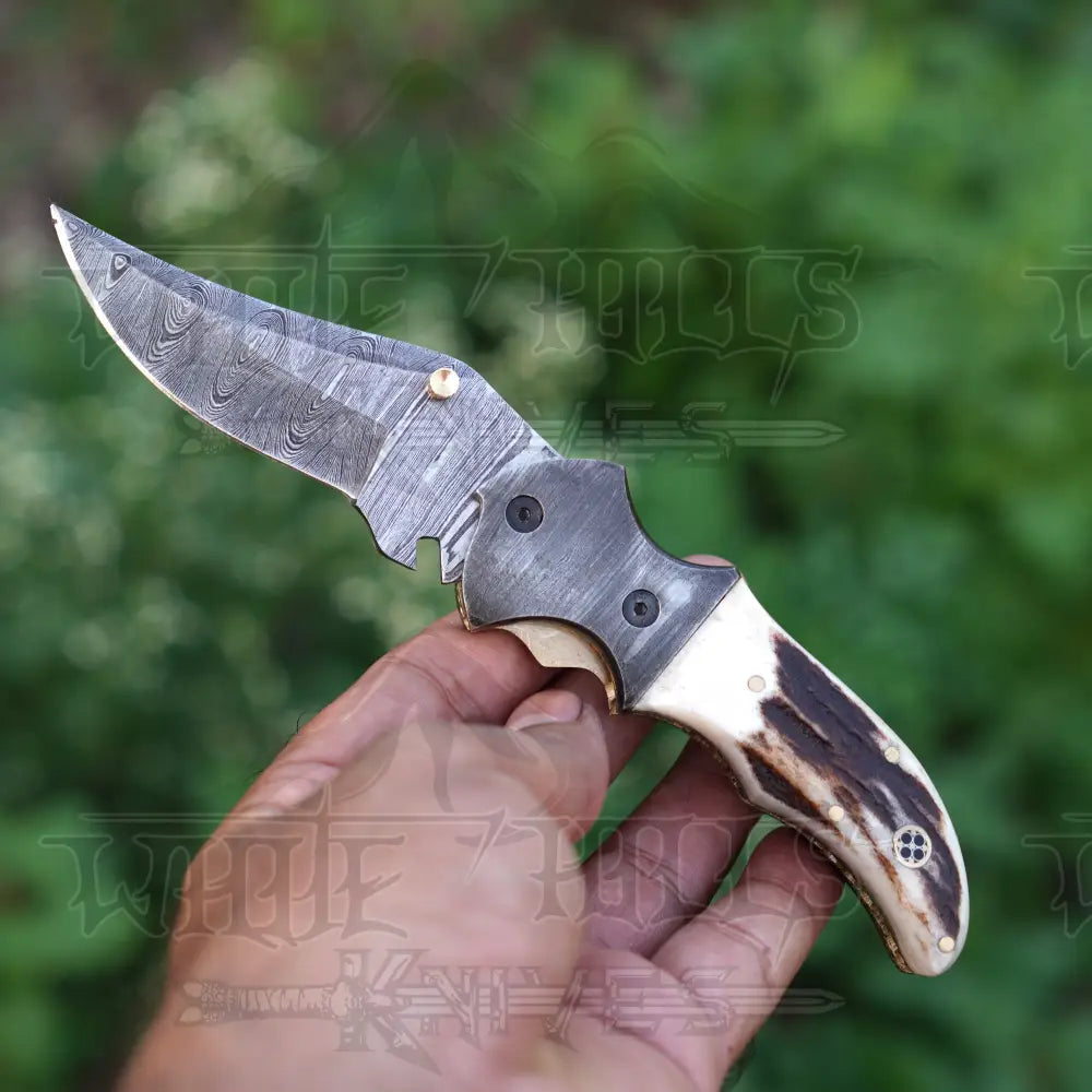 7" Handmade Damascus Pocket Knife with Pocket Clip - Stag Antler Handle - Damascus Bolster WH 3530-CP