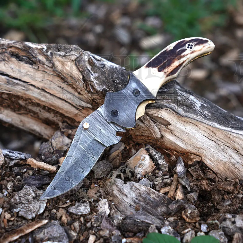 7" Handmade Damascus Pocket Knife with Pocket Clip - Stag Antler Handle - Damascus Bolster WH 3530-CP