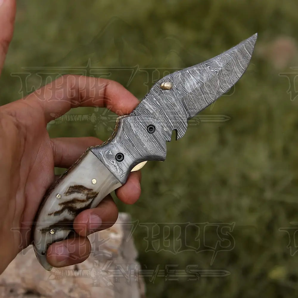 7" Handmade Forged Damascus Pocket Folding Knife - Ram Horn Handle - Damascus Bolster WH 3529