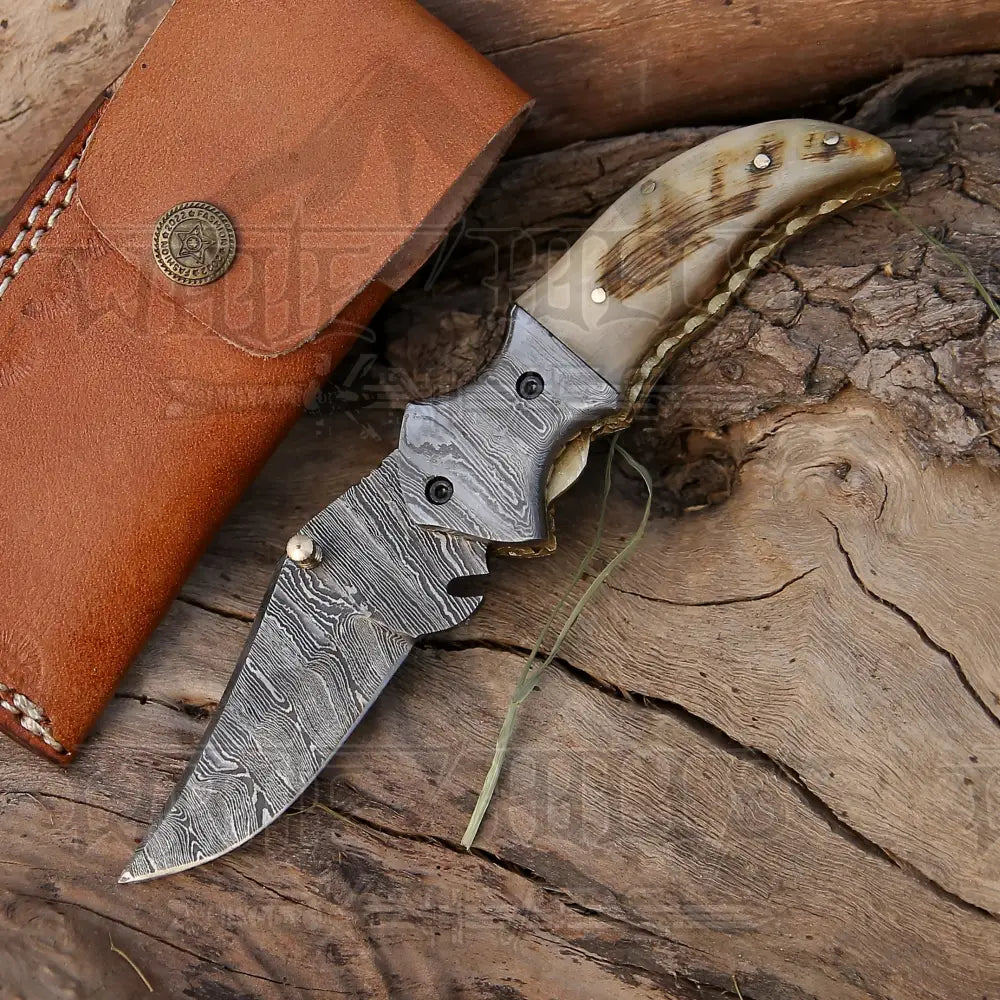 7" Handmade Forged Damascus Pocket Folding Knife - Ram Horn Handle - Damascus Bolster WH 3529