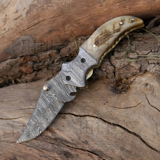 7" Handmade Forged Damascus Pocket Folding Knife - Ram Horn Handle - Damascus Bolster WH 3529