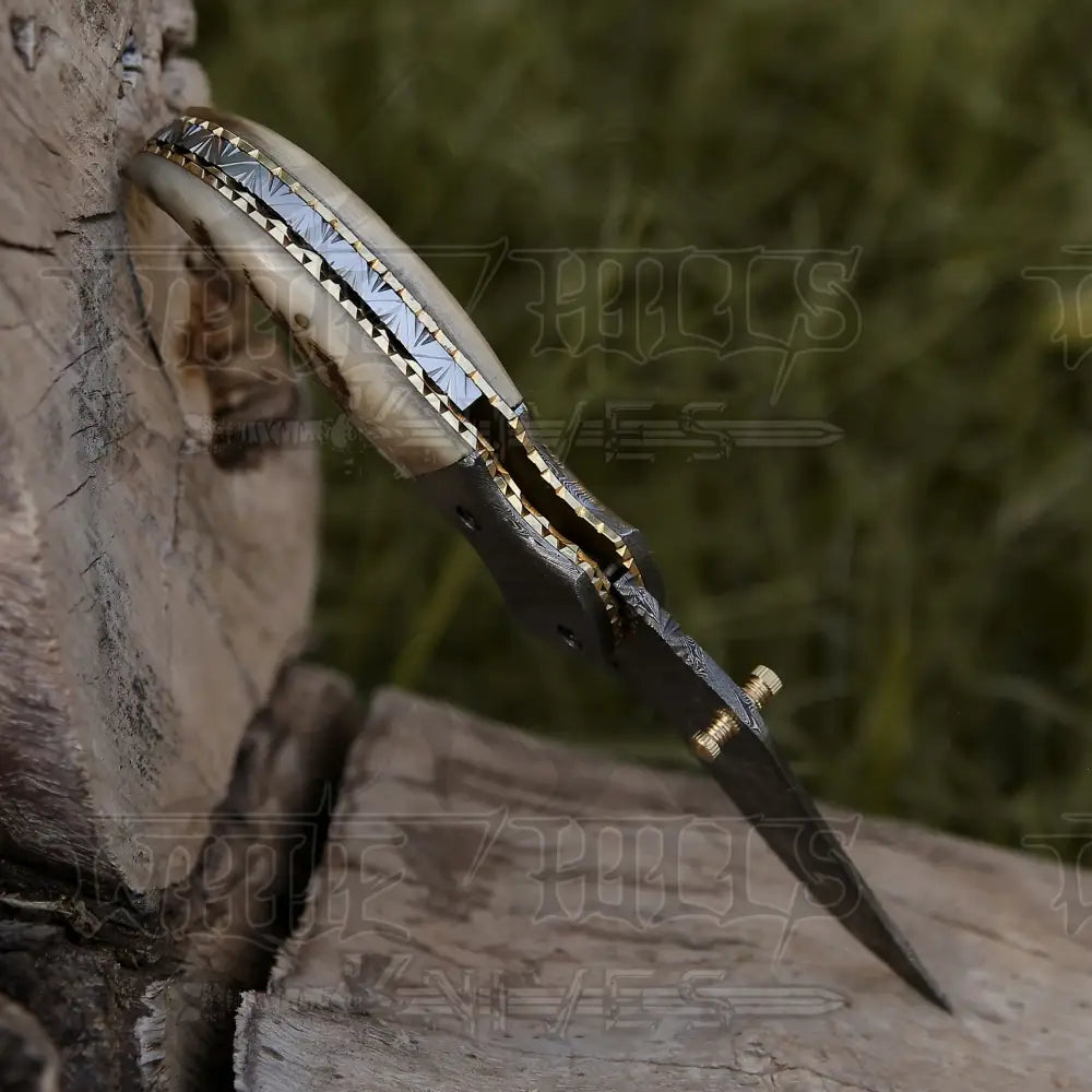 7" Handmade Forged Damascus Pocket Folding Knife - Ram Horn Handle - Damascus Bolster WH 3529