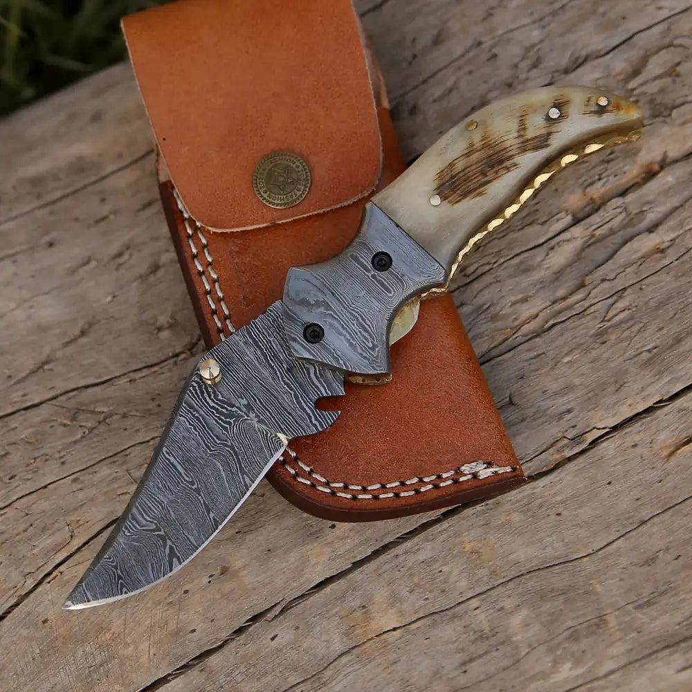 7" Handmade Forged Damascus Pocket Folding Knife - Ram Horn Handle - Damascus Bolster WH 3529