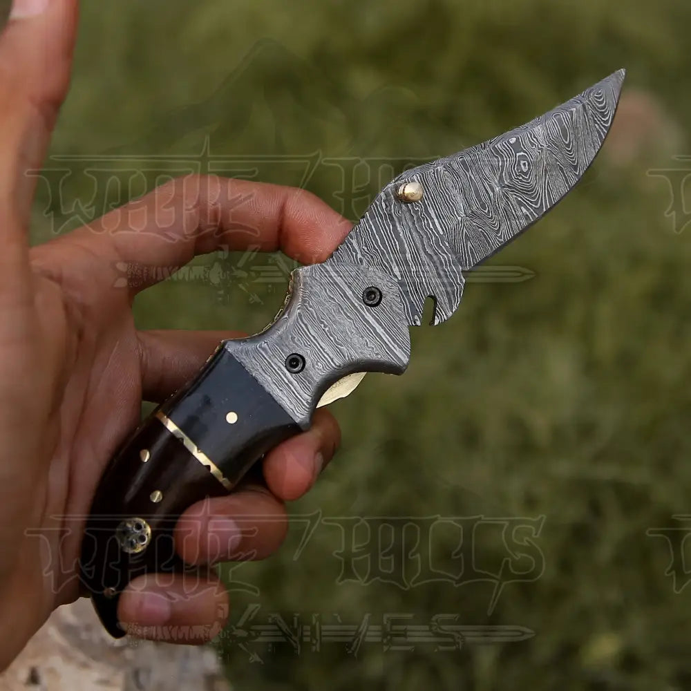 7" Handmade Forged Damascus Pocket Folding Knife - Wood & Bull Horn Handle - Damascus Bolster WH 3528