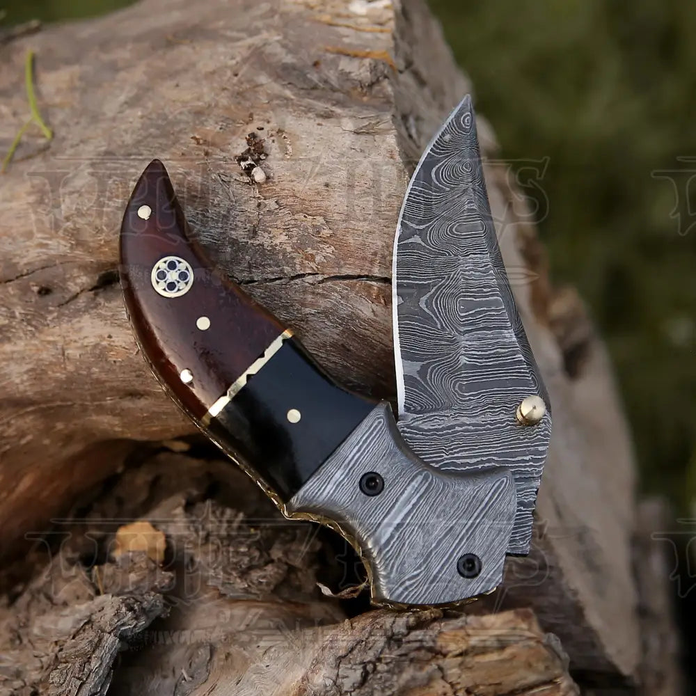 7" Handmade Forged Damascus Pocket Folding Knife - Wood & Bull Horn Handle - Damascus Bolster WH 3528