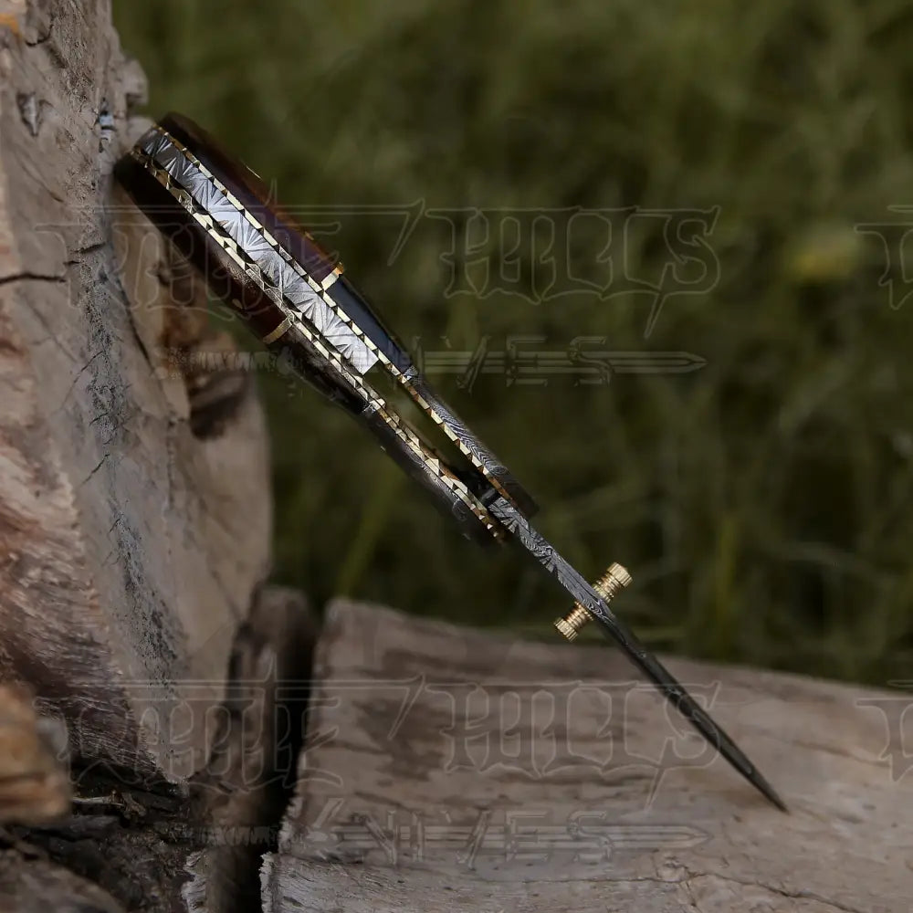 7" Handmade Forged Damascus Pocket Folding Knife - Wood & Bull Horn Handle - Damascus Bolster WH 3528