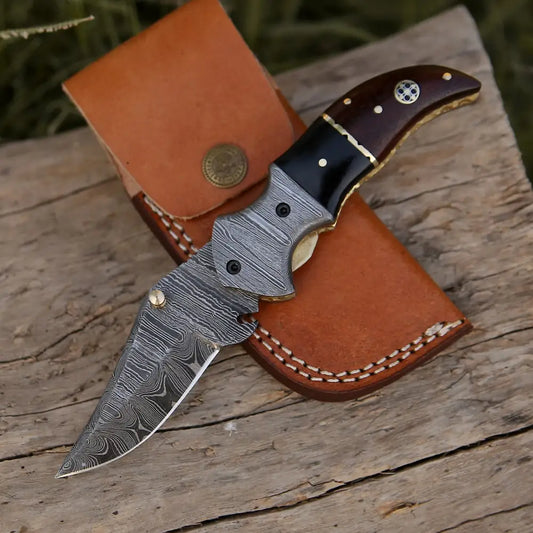 7" Handmade Forged Damascus Pocket Folding Knife - Wood & Bull Horn Handle - Damascus Bolster WH 3528