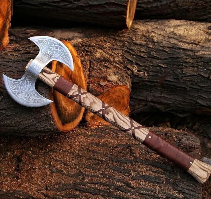 Mastercraft Battle Axe: Custom Handmade Engraved Double Blades with D2 Steel and Ash Wood Handle, Leather Wrap, and Sheath