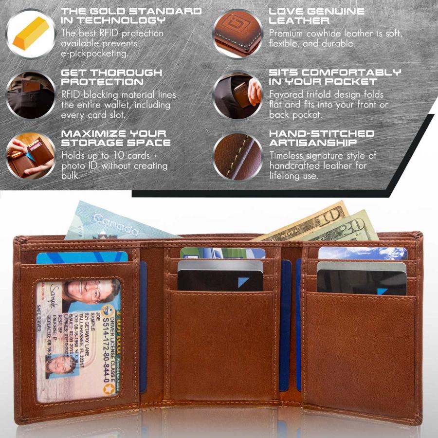 Mens RFID Wallet - Extra Capacity Trifold 7 slot with ID Window
