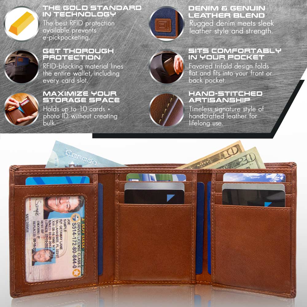 Mens RFID Wallet - Extra Capacity Trifold 7 slot with ID Window