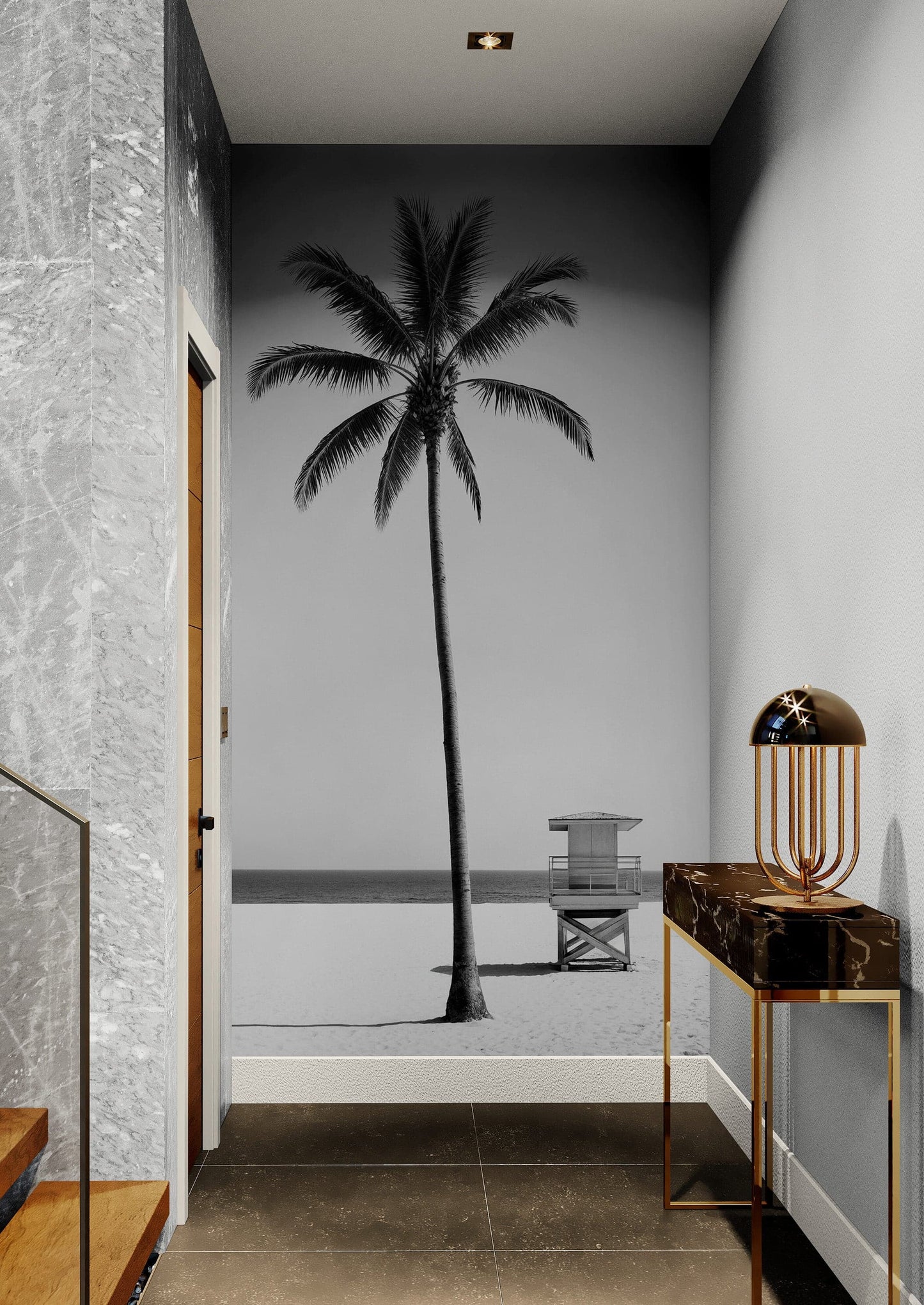 Black & White Tropical Palm Tree Beach Wallpaper Mural. #7015