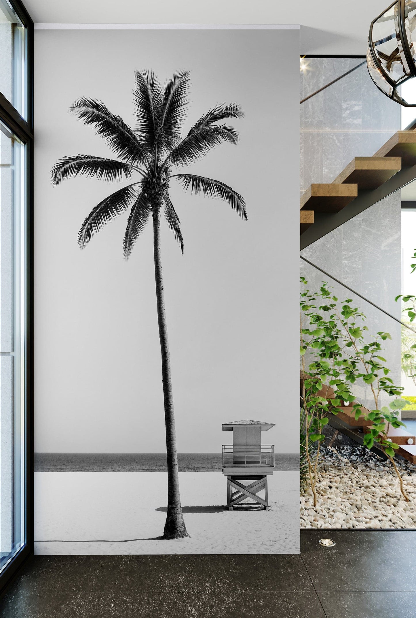 Black & White Tropical Palm Tree Beach Wallpaper Mural. #7015