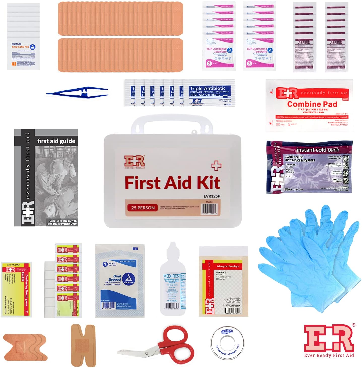 107 Piece, 25 Person First Aid Kit with Plastic Case, OSHA Compliant