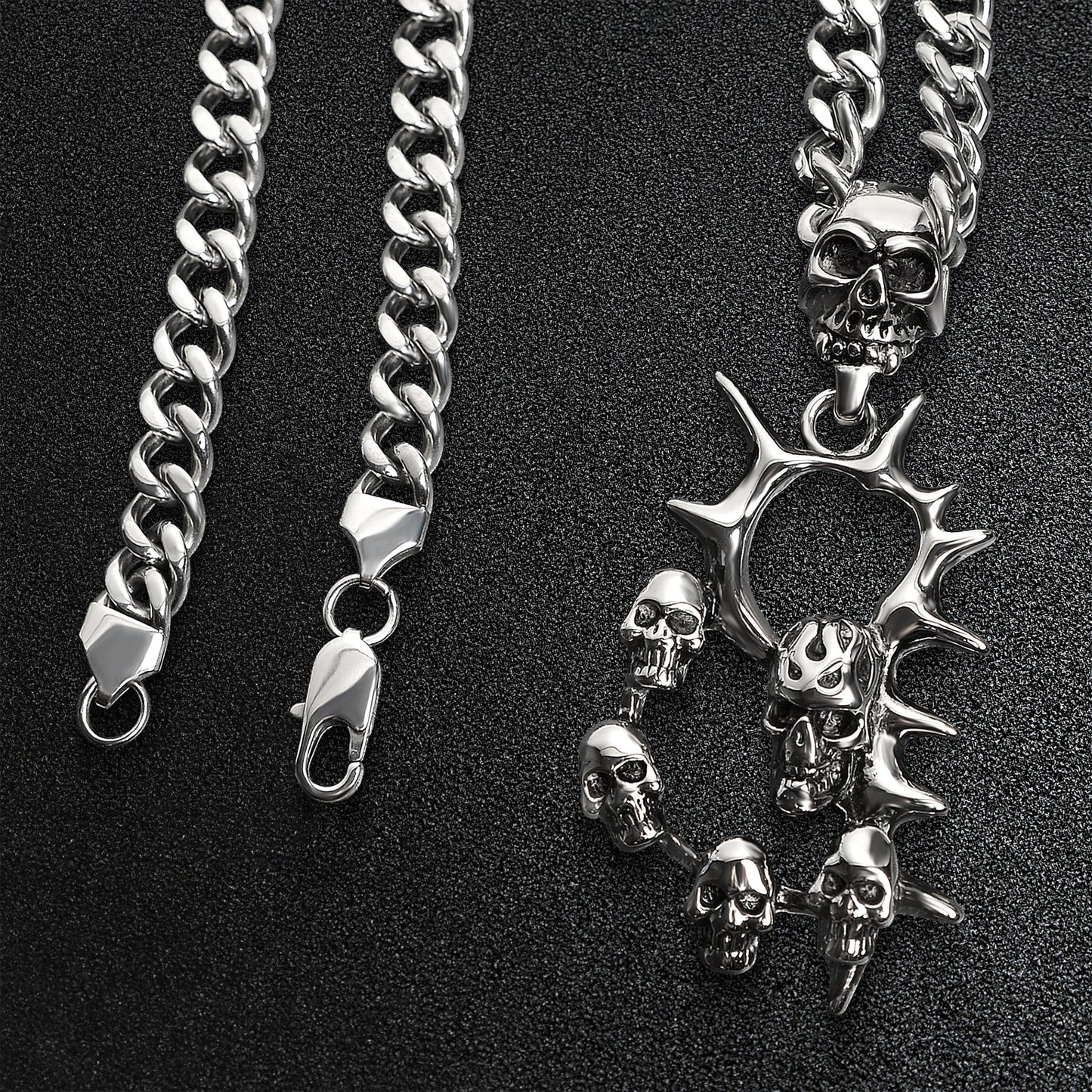 Stainless Steel Multi Skull Spike Curb Chain Necklace