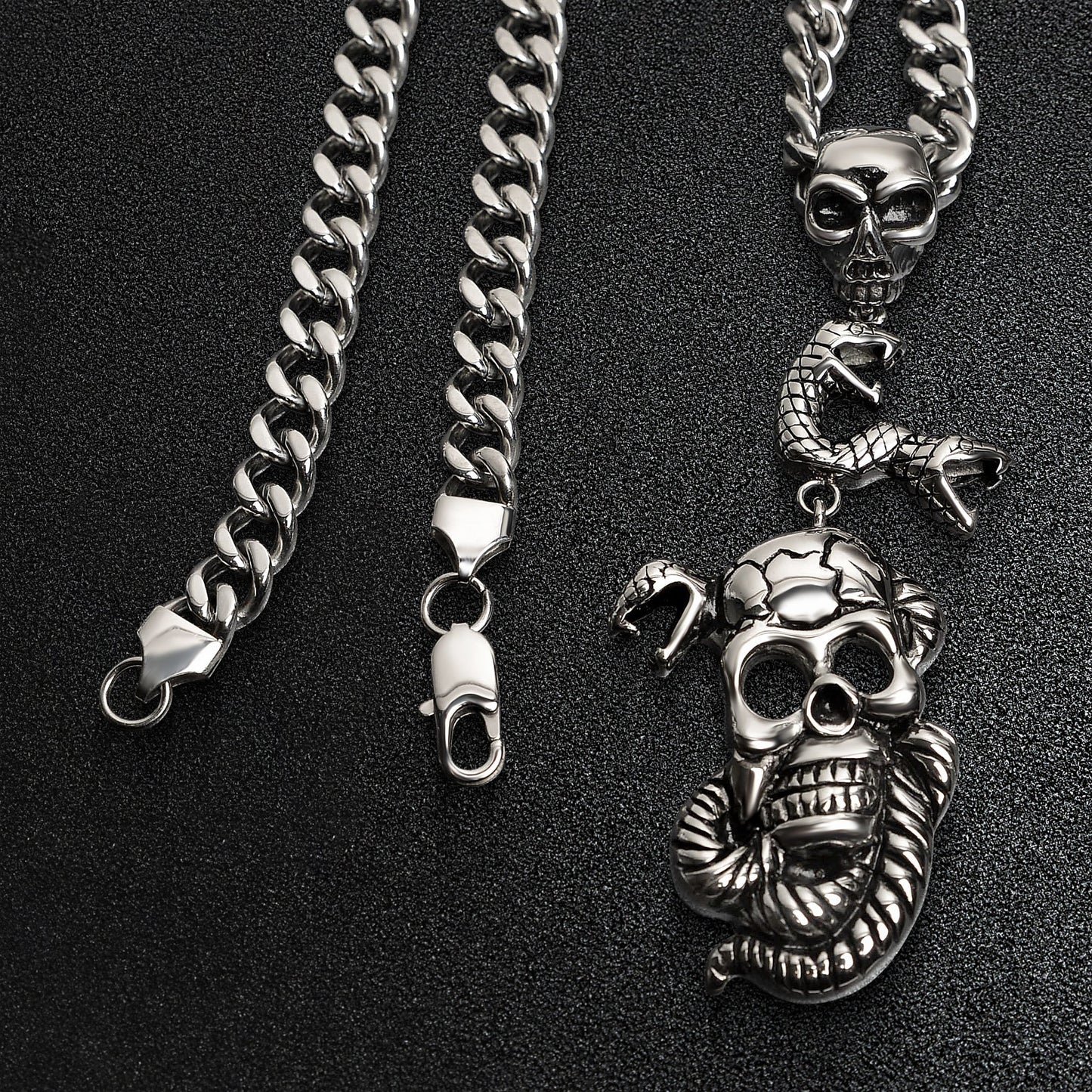 Stainless Steel Large Skulls And Snakes Curb Chain Necklace