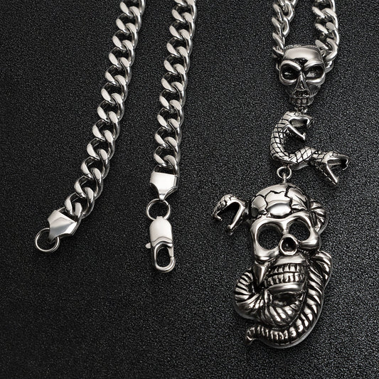 Stainless Steel Large Skulls And Snakes Curb Chain Necklace
