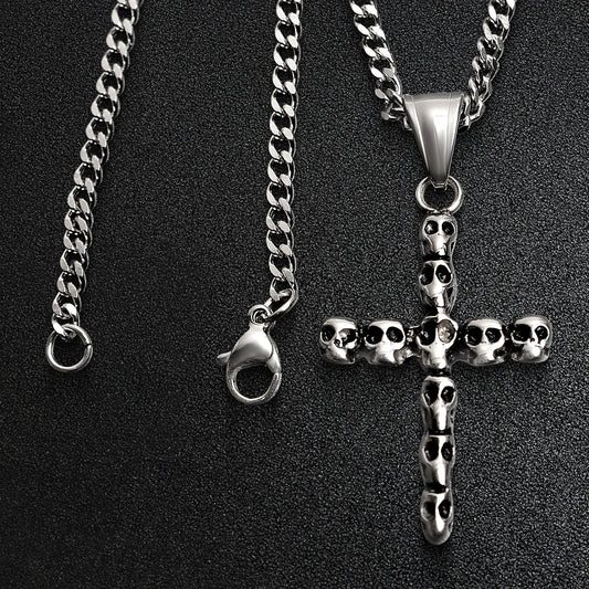 Stainless Steel Cross Of Skulls Curb Chain Necklace