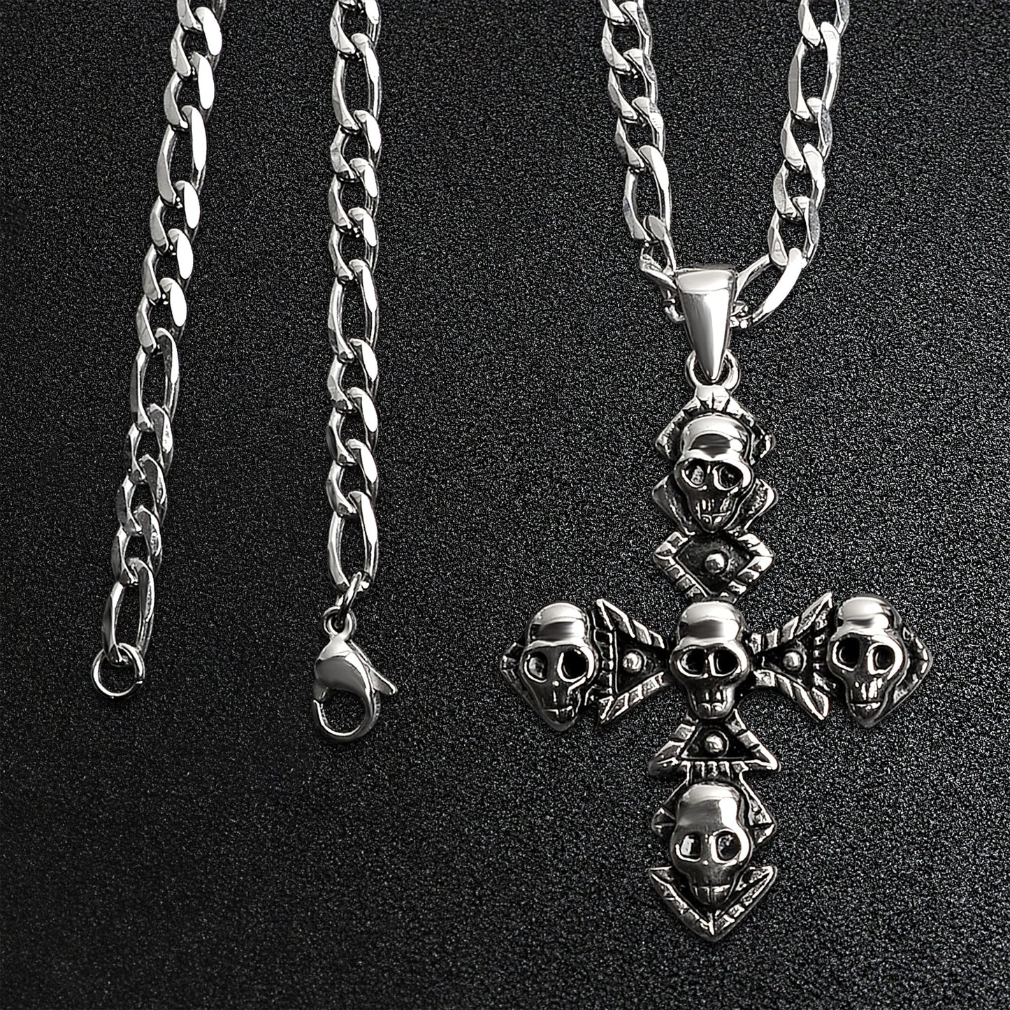 Stainless Steel Multi Skull Cross Pendant Figaro Chain Necklace