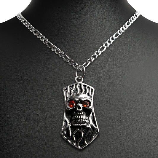 Stainless Steel Red CZ Eyed Skull Shield Figaro Chain Necklace