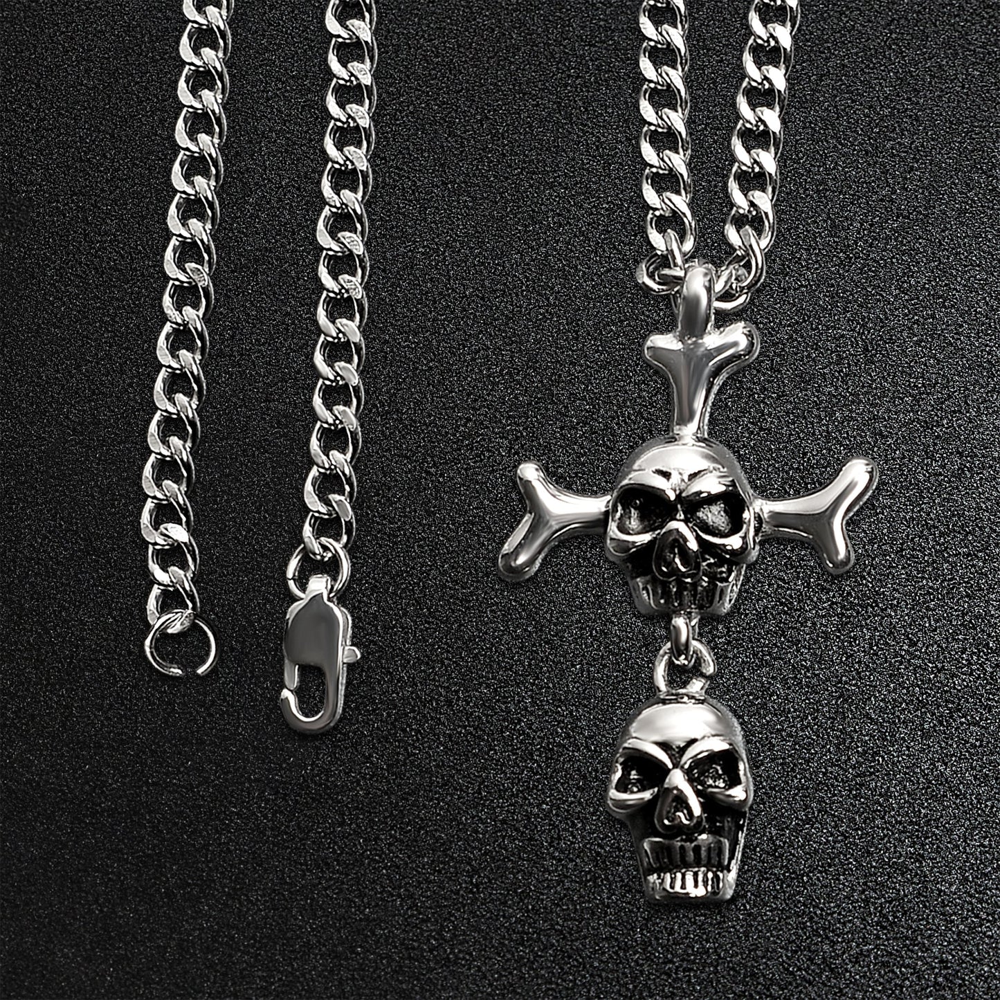Stainless Steel Double Skull And Bones Figaro Chain Necklace
