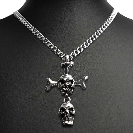 Stainless Steel Double Skull And Bones Figaro Chain Necklace