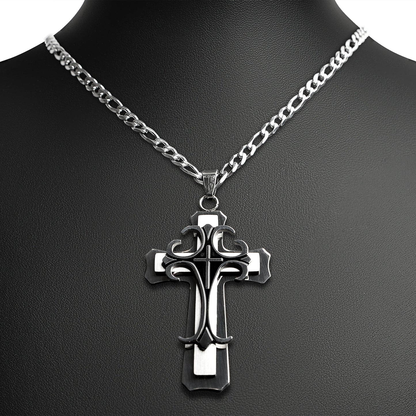Stainless Steel And Black Layered Cross Figaro Chain Necklace
