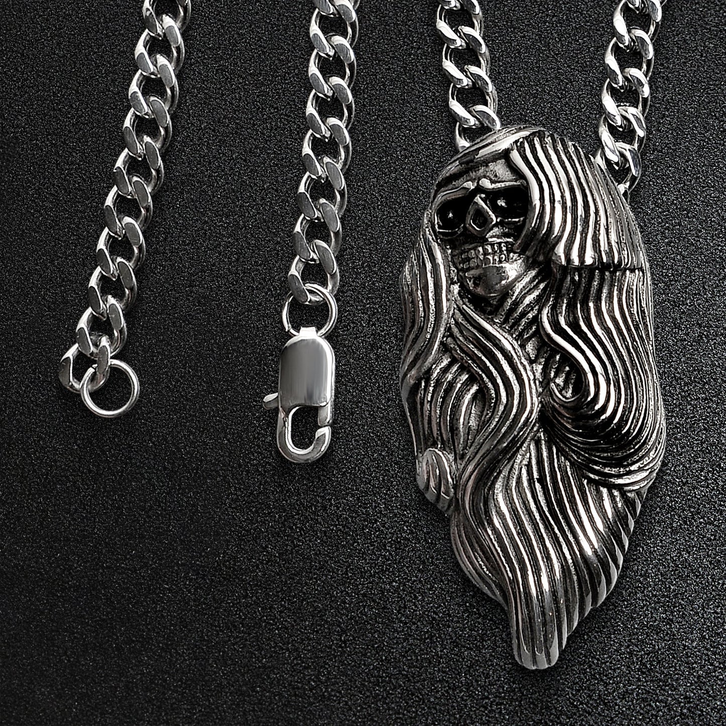 Stainless Steel Large Long Hair Skull Curb Chain Necklace