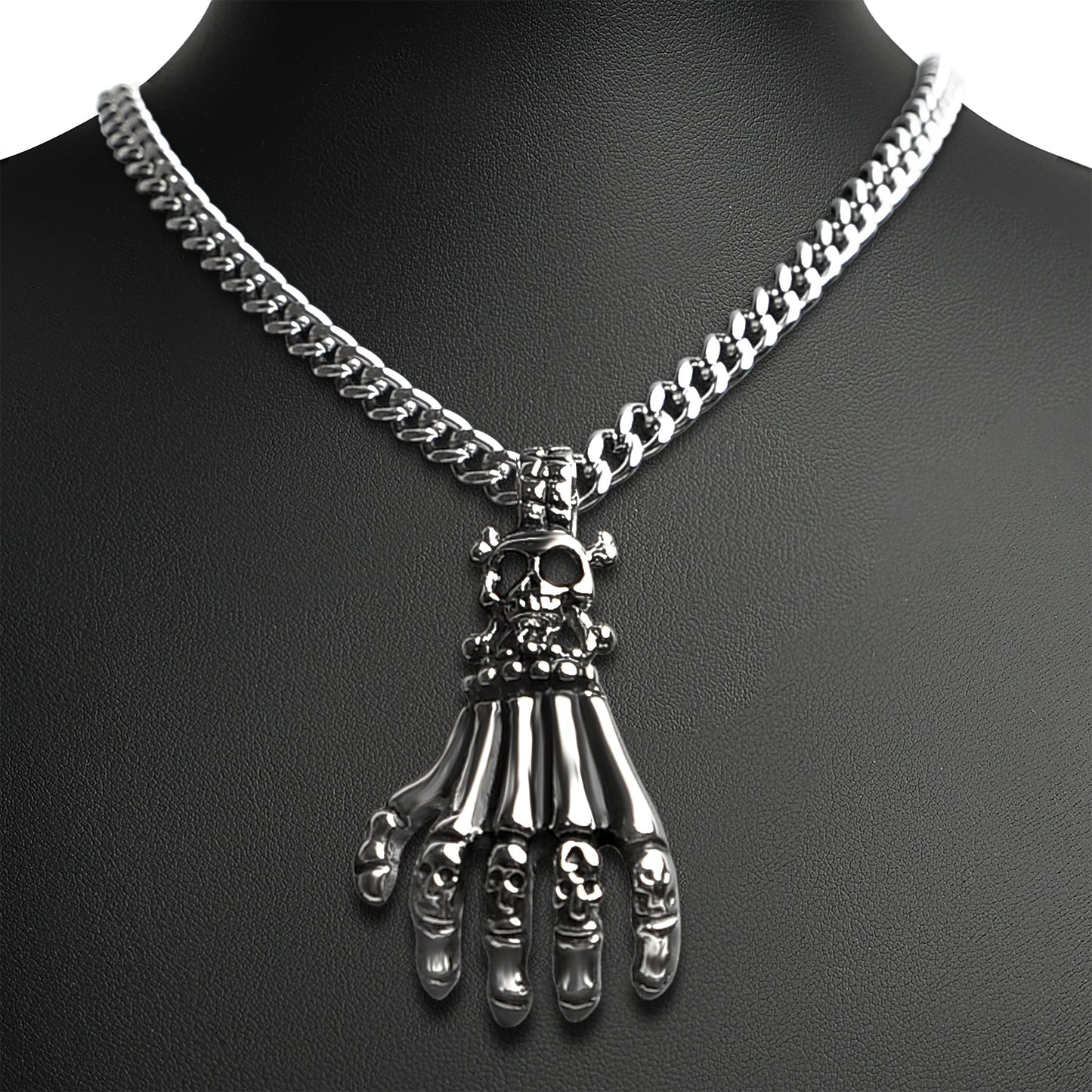Stainless Steel Skull Skeleton Hand Curb Chain Necklace