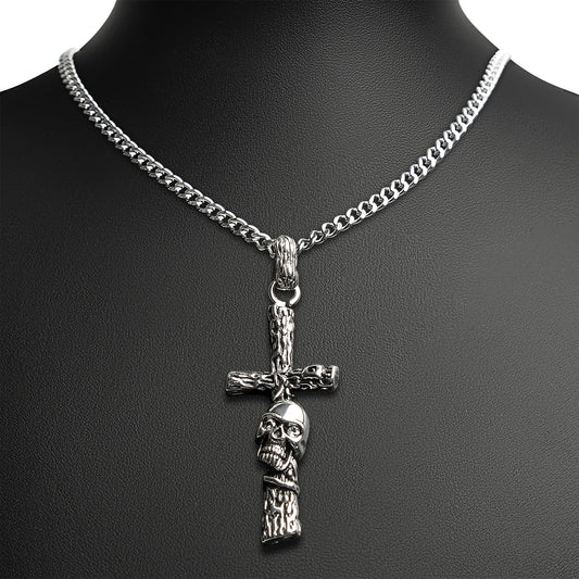 Stainless Steel Wood Texture Skull Cross Curb Chain Necklace