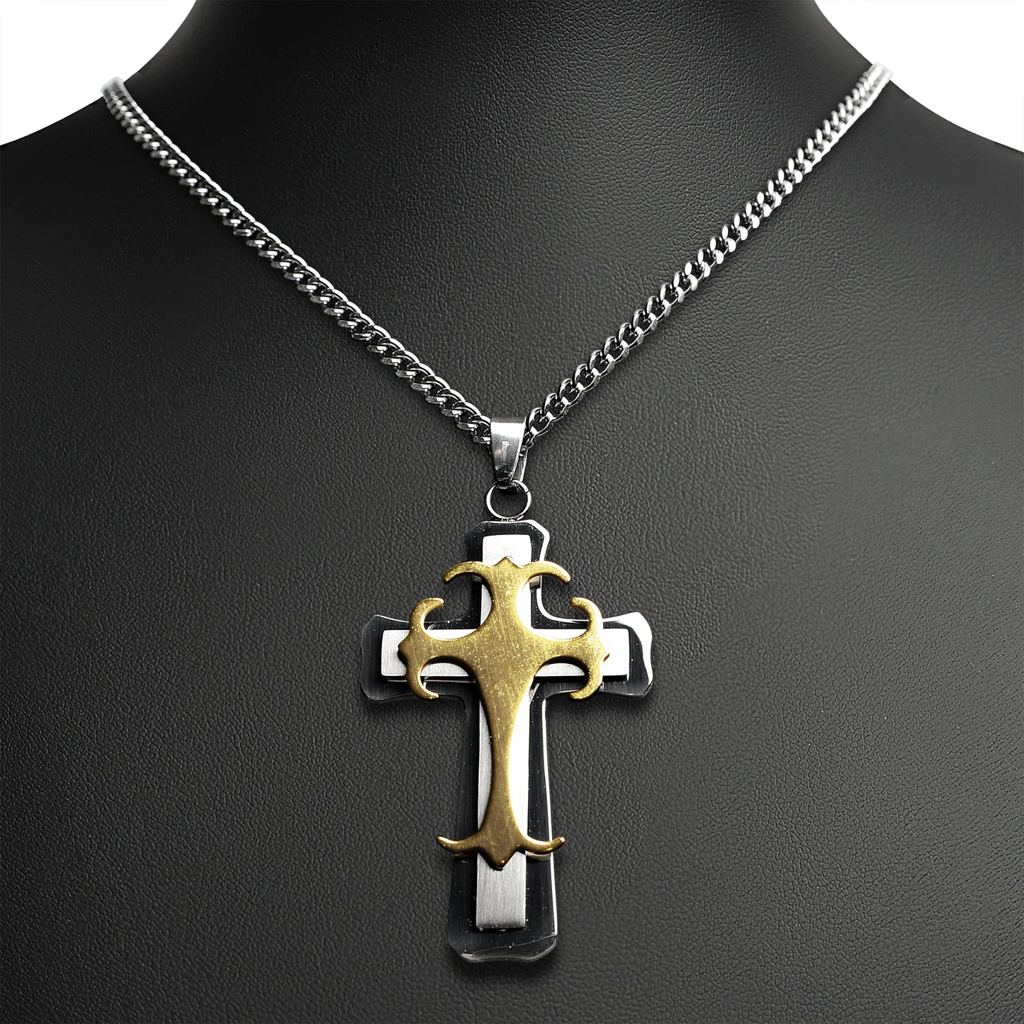 Stainless Steel & 18K Gold Plated 3 Layer Cross Curb Chain Necklace