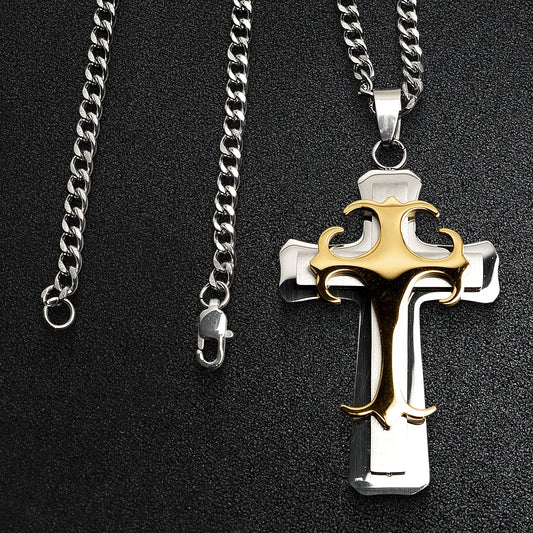 Stainless Steel & 18K Gold Plated 3 Layer Cross Curb Chain Necklace