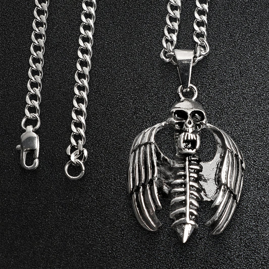 Stainless Steel Skeleton With Wings Curb Chain Necklace