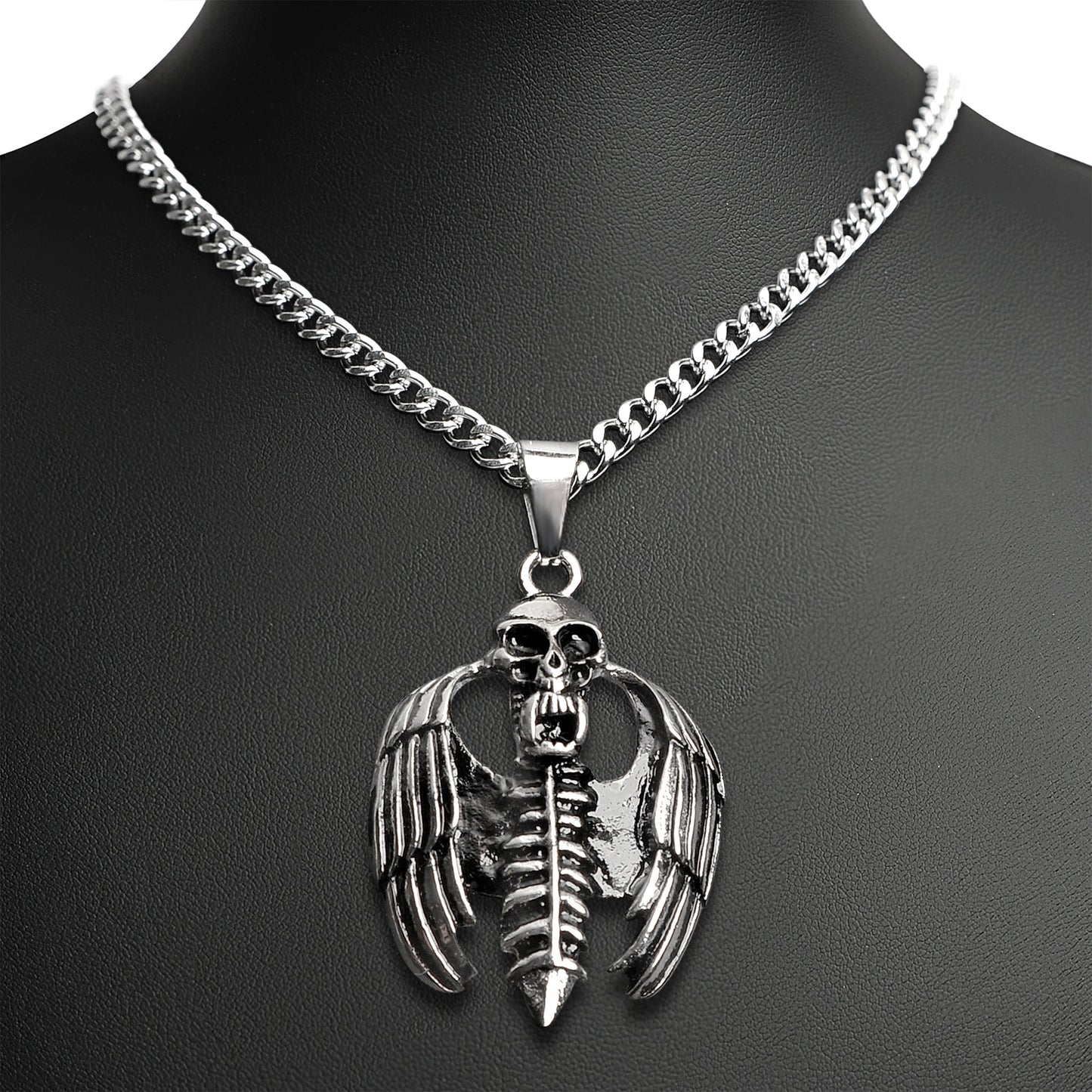 Stainless Steel Skeleton With Wings Curb Chain Necklace