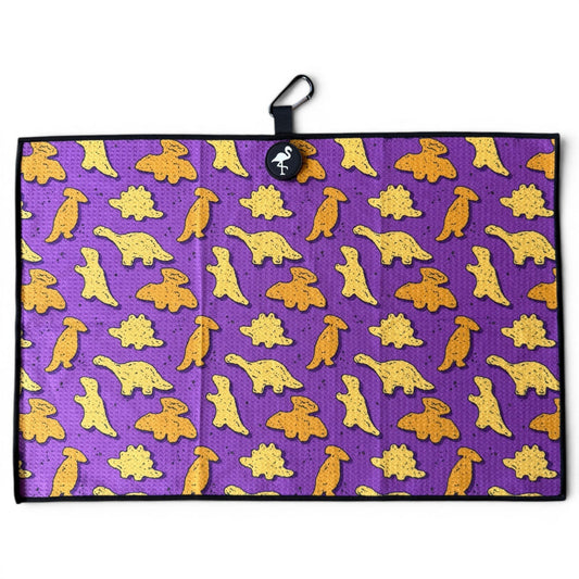 Purple Dino Chicken Nugget Golf Towel | 24” x 16” Microfiber Towel | Magnetic Clip & Carabiner | Premium Golf Accessory