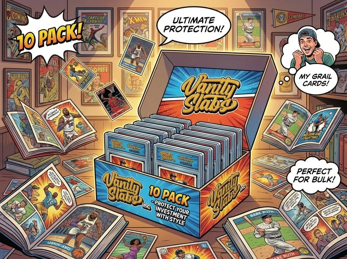 Vanity Slabs 10 Pack Bundle Includes Random Mystery Card for Baseball Football Hockey Basketball Cards