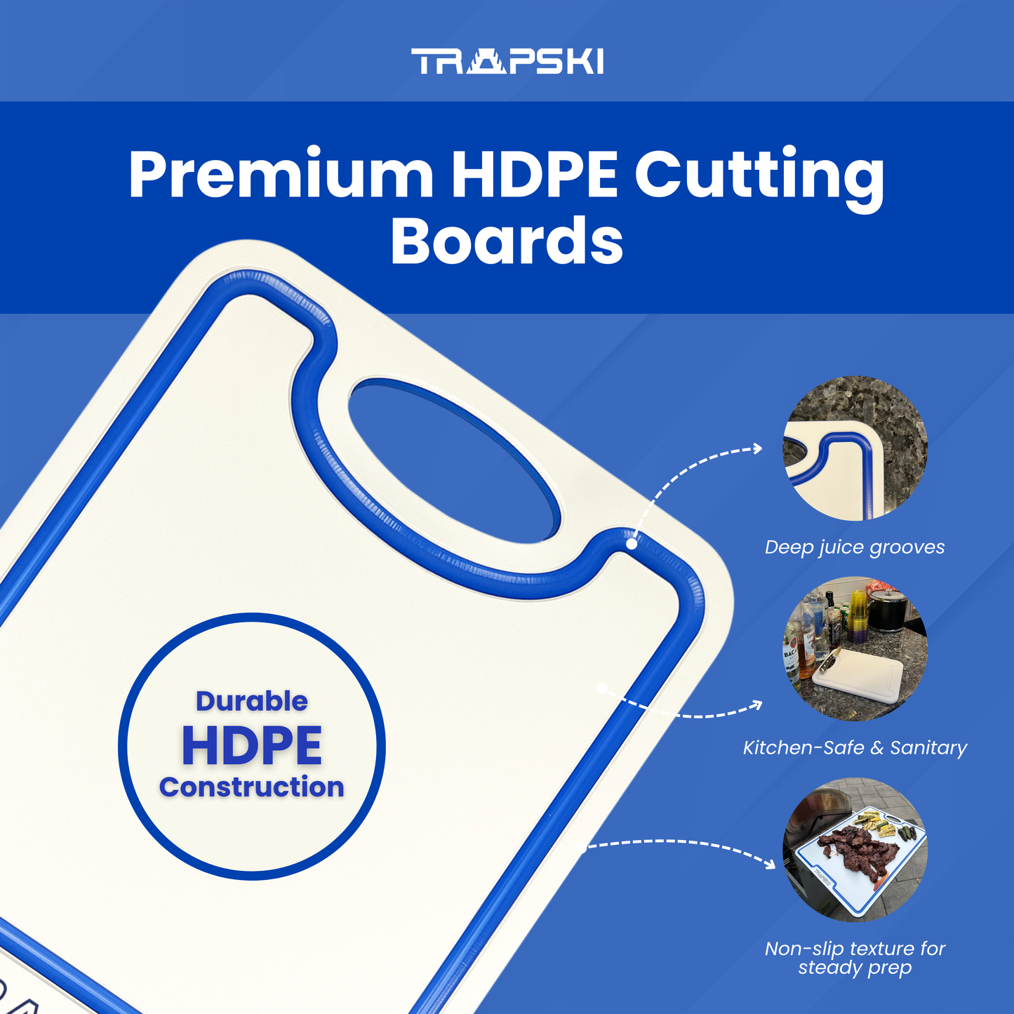 TRAPSKI 3/8 Inch Thick HDPE Cutting Boards | Food-Grade | Juice Grooves