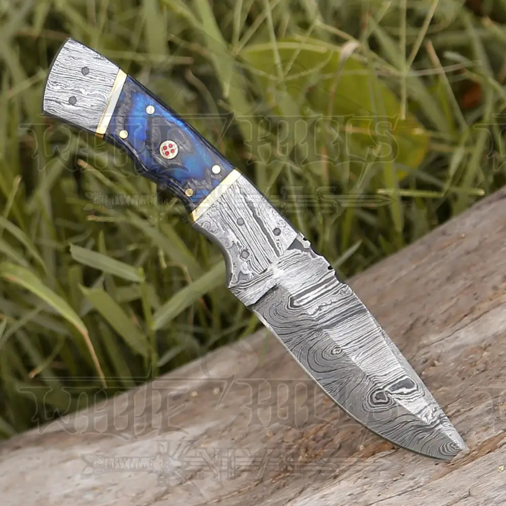 8.5” Hand Forged Damascus Steel Full Tang Skinner Knife - Colored Wood Handle - H 019