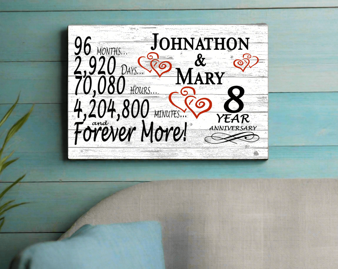 Personalized 8 Year Anniversary Gift – Custom Couple’s Names | Romantic Solid Wood Countdown Sign